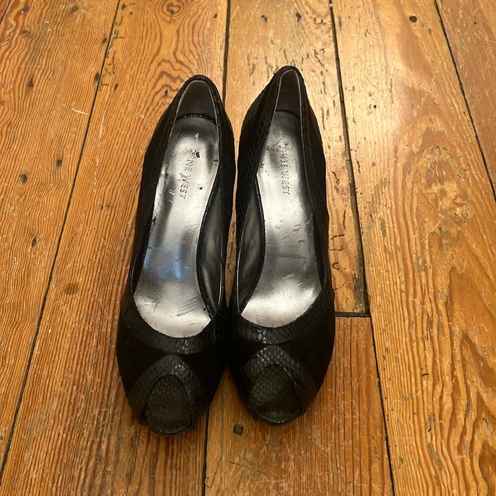 Gently worn black suede peep toe heels 8.5